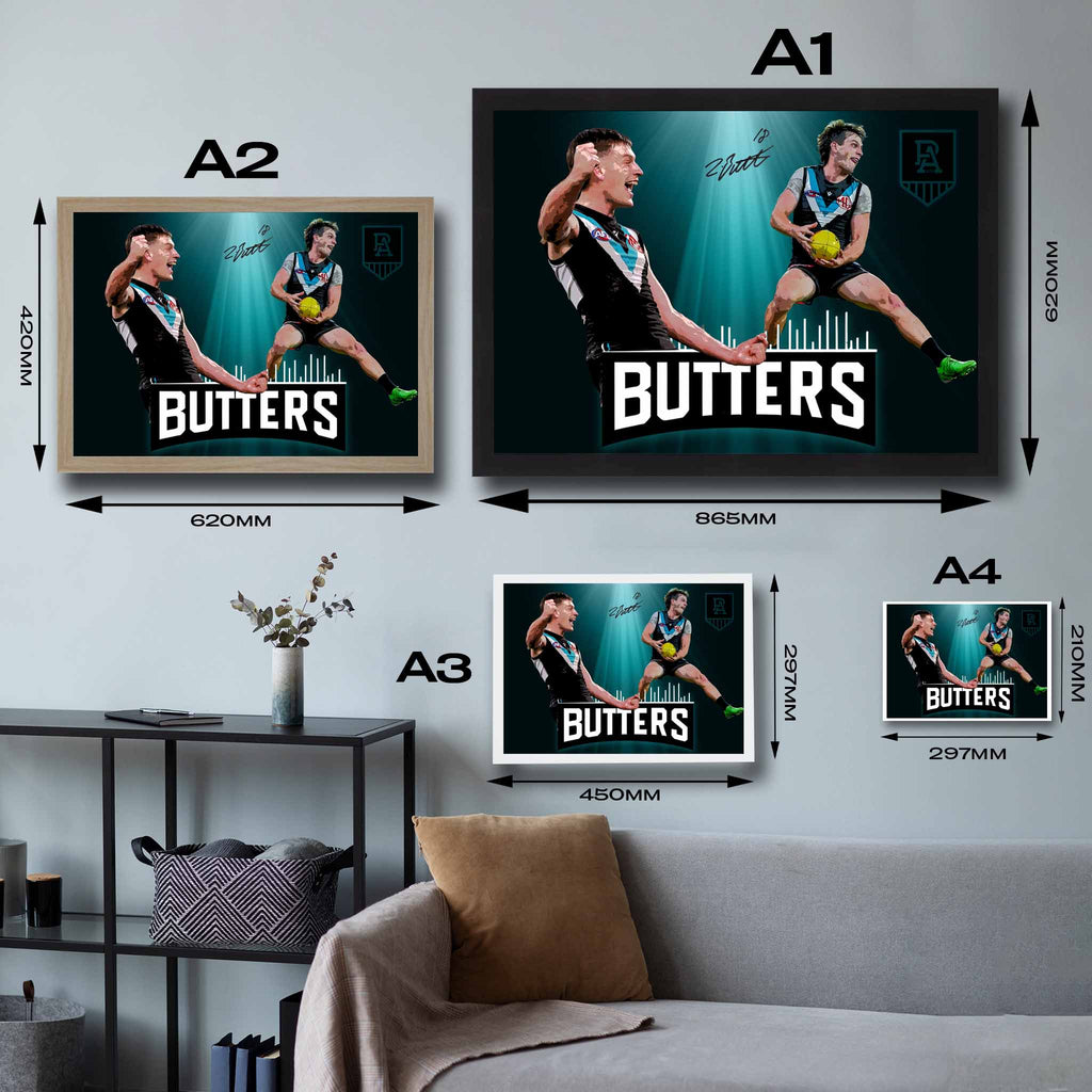 Visual representation of Zac Butters framed art size options, ranging from A4 to A2, for selecting the right size for your space.