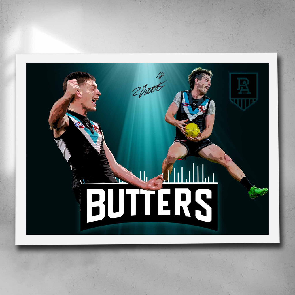 White framed AFL art by Sports Cave. featuring Zac Butters from the Port Adelaide Power.