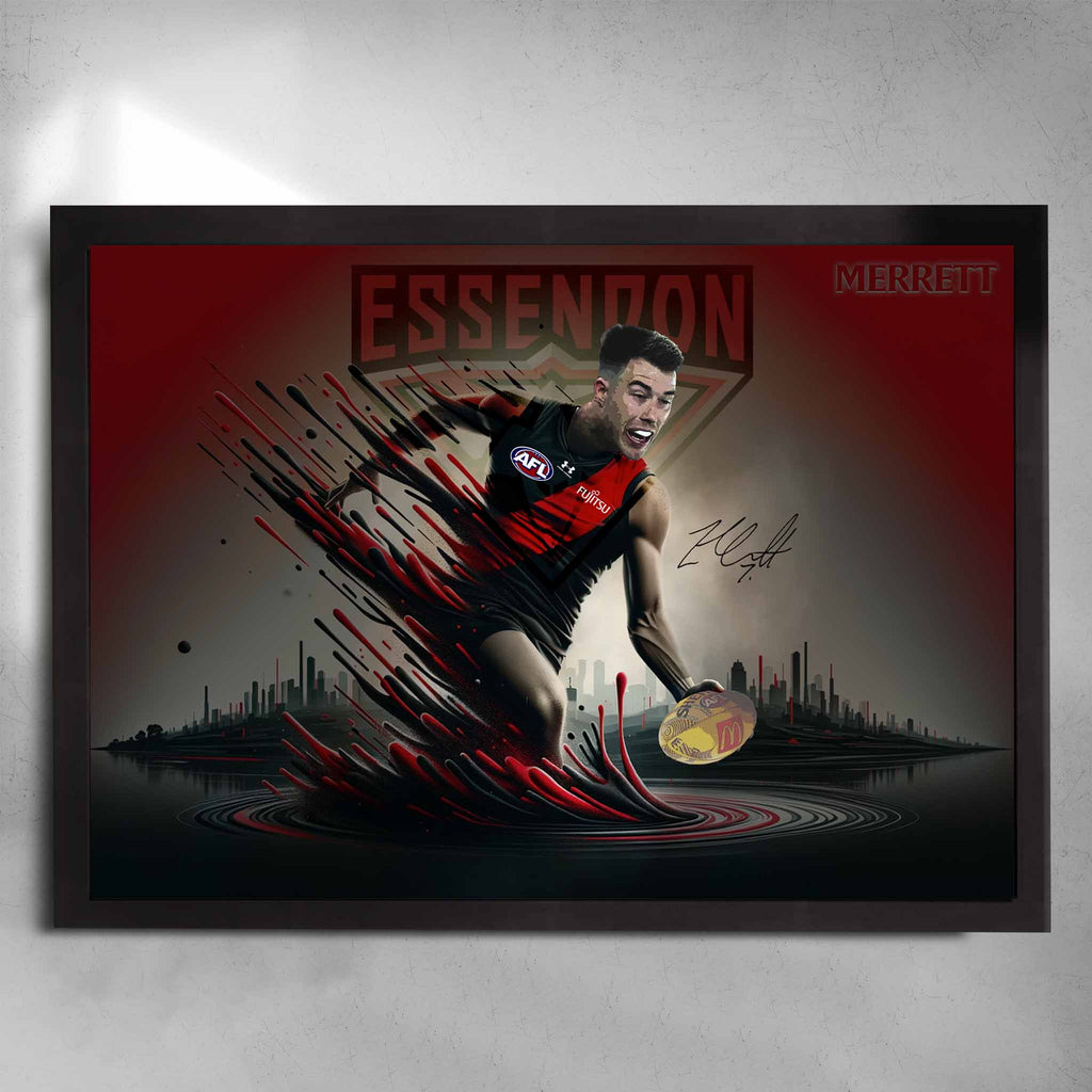 Essendon Bombers AFL Poster in a black frame, featuring Zach Merret by Sports Cave.